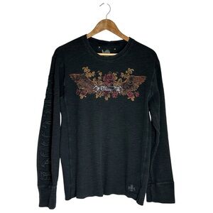 Express Y2K Charcoal Distress Roses Skull Studded Waffle Knit Long Sleeve Top XL